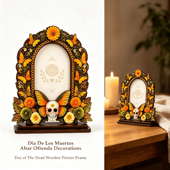 Dia De Los Muertos Altar Wooden Picture Frames,2026 Sugar Skull Butterfly Floral Day of The Dead Decor Frame for Mexican Ofrenda Altar Tabletop Display Style E