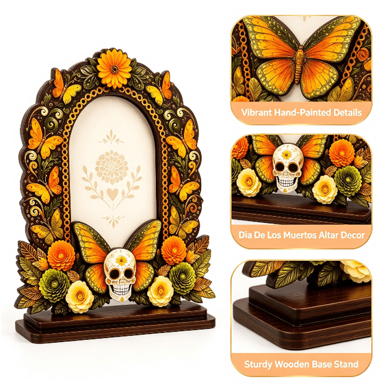 Dia De Los Muertos Altar Wooden Picture Frames,2026 Sugar Skull Butterfly Floral Day of The Dead Decor Frame for Mexican Ofrenda Altar Tabletop Display Style E