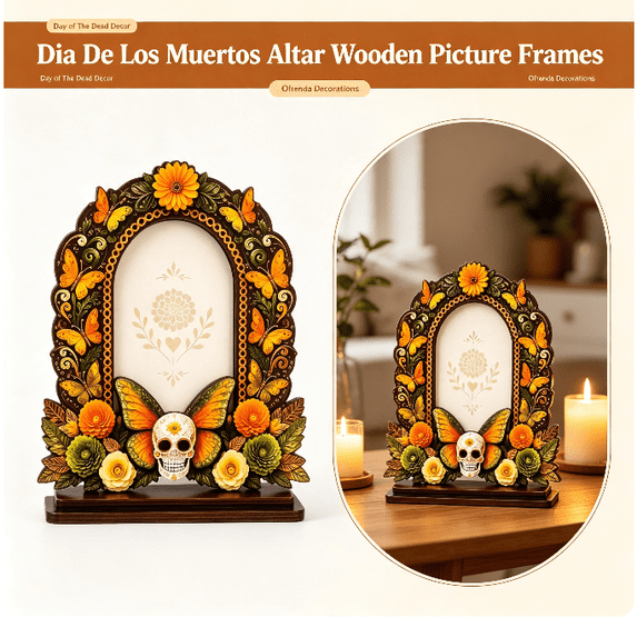Dia De Los Muertos Altar Wooden Picture Frames,2026 Sugar Skull Butterfly Floral Day of The Dead Decor Frame for Mexican Ofrenda Altar Tabletop Display Style E