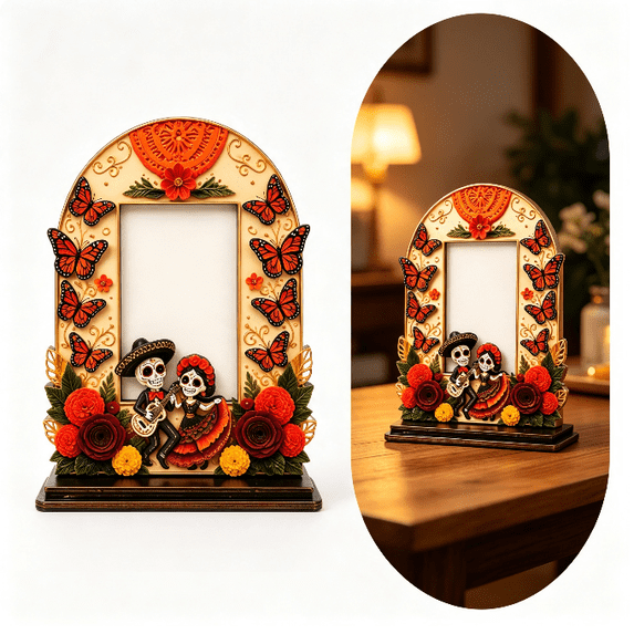 Dia De Los Muertos Altar Wooden Picture Frames Day of The Dead Decor Dia De Los Muertos Altar Ofrenda Decorations, Sugar Skull Mexican Photo Frame with Stand for Tabletop Style B
