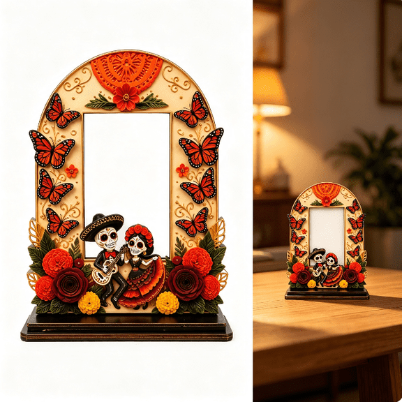 Dia De Los Muertos Altar Wooden Picture Frames Day of The Dead Decor Dia De Los Muertos Altar Ofrenda Decorations, Sugar Skull Mexican Photo Frame with Stand for Tabletop Style B
