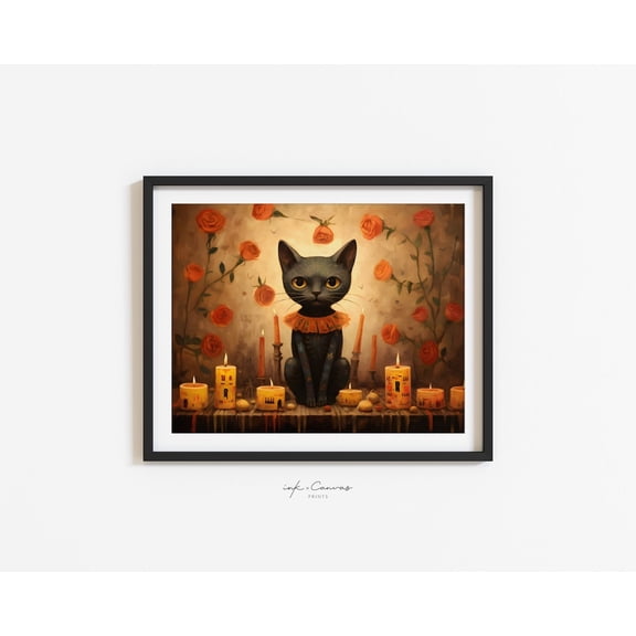 Dia De Los Muertos Art Black Cat Horizontal Poster Wall Art Poster Vintage Spooky Decor Decorations Home Decor, 8x12 UNFRAMED