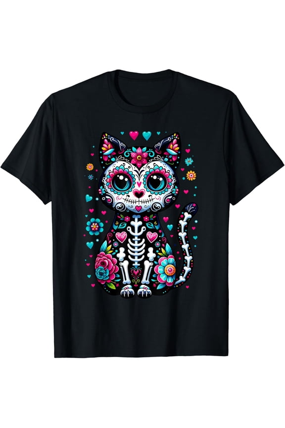 Dia De Los Muertos Cinco De Mayo Cat Sugar Skull Men Women T-Shirt