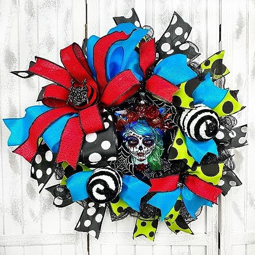 Dia De Los Muertos Day of the Dead Skeleton Halloween Wreath, Fade Resistant Custom Sign, Handmade Ornaments, Ribbon & Bow. Fall Door Decoration$$Home Decor, Kitchen, & Other