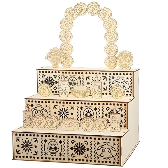 Dia De Los Muertos Decoration, 11.8 x 11.8 x 8.7 in Wooden Ofrenda Box Set, Three-Tier Display Shelf for Day Of Dead Altar Supplies, Unpainted Holiday Decor