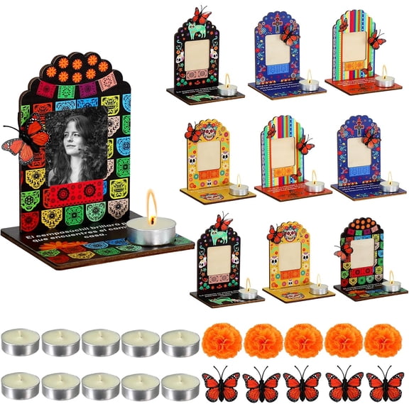 Dia De Los Muertos Decorations Picture Frames-Day of the Dead Ofrenda Altar | Candle Marigold Fake Monarch Butterfly, Dia De Los Muertos Altar Kit Mini Sugar Skull Mexican Halloween Calaveras Wood De