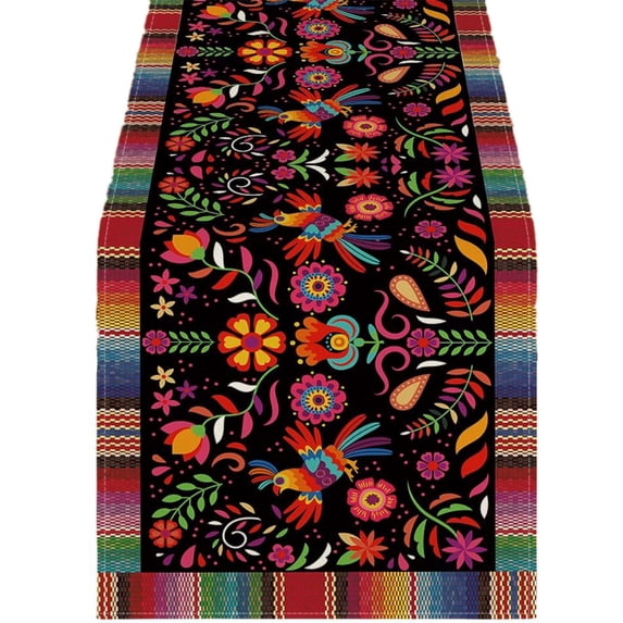 Dia De Los Muertos Floral Sugar Skull Table Runner, Mexican Fiesta Ornament, Rustic Linen Material for Dining Room, Kitchen and Home Party 47x13 Inch