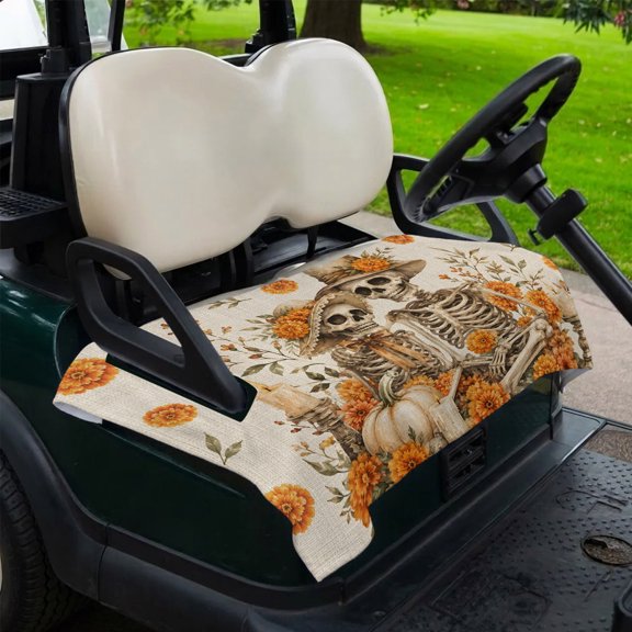 Dia De Los Muertos Golf Cart Seat Covers, 51" x 31" Universal Golf Cart Accessories for Men Women, Skeleton Couple Pumpkin Marigold Linen Texture Golf Cart Seat Towel Fits 2Seat Carts