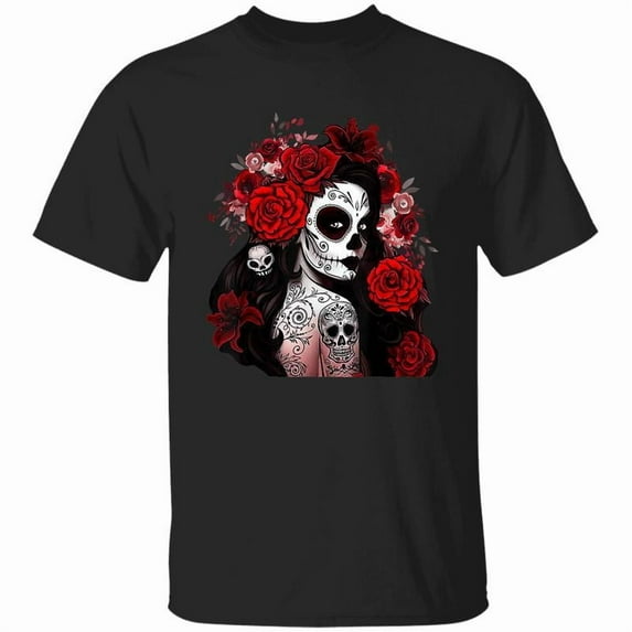 Dia De Los Muertos Graphic Tee T Shirt Top Sugar Skull Design Colorful Cultural Short Sleeve Black S-5XL