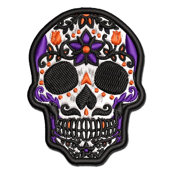 Dia De Los Muertos Mexican Sugar Skull with Flowers Day of the Dead Applique Multi-Color Embroidered Iron-On Patch - 3.5 Inch Large