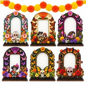 Dia De Los Muertos Picture Frames Colorful Ofrenda Picture Frame Set With Floral Details 6 Wooden Memorial Altar Frames Kit Decor with Marigolds Artificial Decorations Supplies catrina