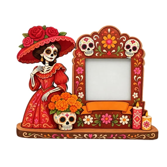 Dia De Los Muertos Picture Frames, Day of the Dead Altar Frame Set with Mariachi Skeleton, Wooden Ofrenda Style Tabletop Display, Fiesta Decor
