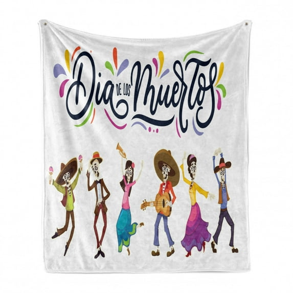 Dia De Los Muertos Soft Flannel Fleece Blanket, Colorful and Happy Cartoon with Skeletons in Traditional Clothes Print, Cozy Plush for Indoor and Outdoor Use, 50" x 60", Multicolor, by Ambesonne