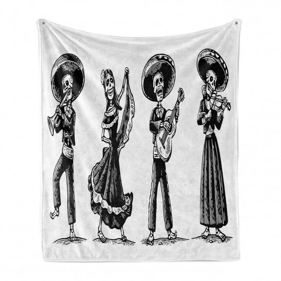 Dia De Los Muertos Soft Flannel Fleece Blanket, Day of the Dead Themed Sketch Skeletons Playing Music Dancing, Cozy Plush for Indoor and Outdoor Use, 60" x 80", Charcoal Grey White, by Ambesonne
