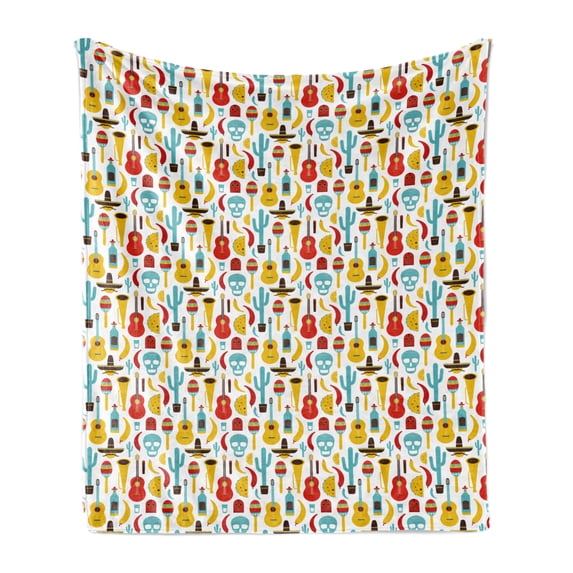 Dia De Los Muertos Soft Flannel Fleece Blanket, Mexico Items Composition with Cactus Guitar Sugar Skull Sombrero Pepper, Cozy Plush for Indoor and Outdoor Use, 60" x 80", Multicolor, by Ambesonne