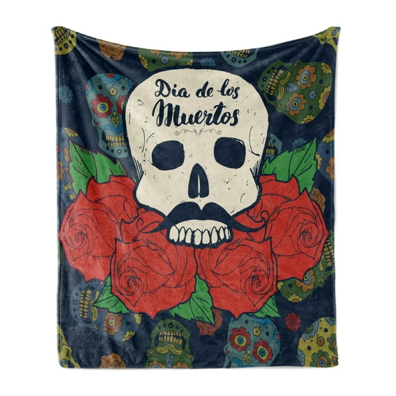Dia De Los Muertos Soft Flannel Fleece Throw Blanket, Creative Design Day of the Dead Skull with Roses and Mustache, Cozy Plush for Indoor and Outdoor Use, 70" x 90", Multicolor, by Ambesonne