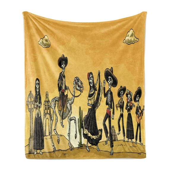 Dia De Los Muertos Soft Flannel Fleece Throw Blanket, Mexican Skeletons Play Music and Dance Sunset Cartoon, Cozy Plush for Indoor and Outdoor Use, 60" x 80", Orange Taupe Grey, by Ambesonne