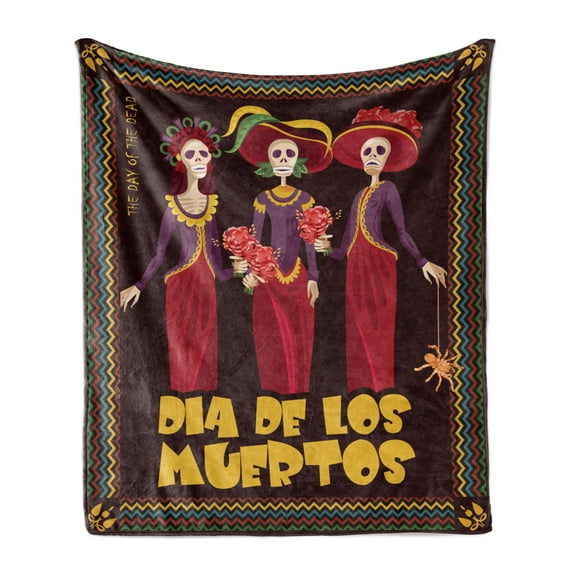 Dia De Los Muertos Soft Flannel Fleece Throw Blanket, Women 3 Skeleton in Traditional Clothes and Hats Calavera Image, Cozy Plush for Indoor and Outdoor Use, 50" x 70", Multicolor, by Ambesonne