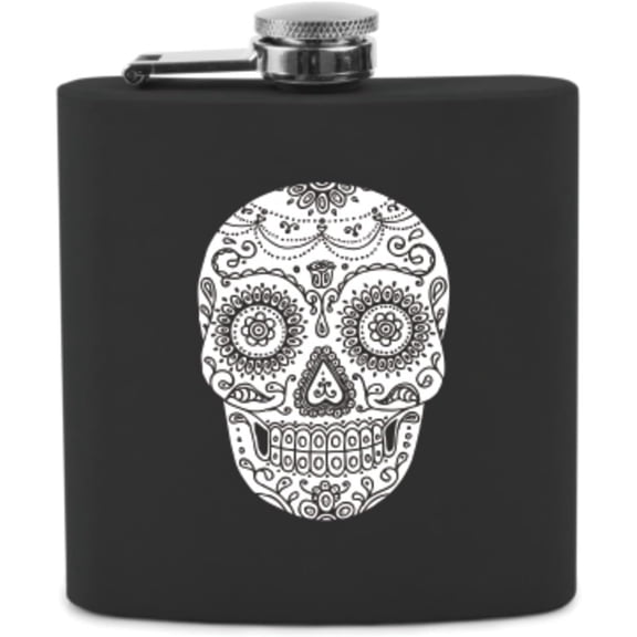 Dia De Los Muertos Stainless Steel Flask for Men, Bold Sugar Skull Design Hip Flask for Liquor with Funnel for Whiskey, Vodka, Travel, Bachelor Party, Gifts for Men, 6 oz, Set of 1, Black