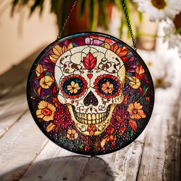 Dia De Los Muertos Sugar Skull Stained Glass Sun Catcher Day of the Dead Light Catcher Window Hanging Halloween Calavera Home Decoration 6 INCHES