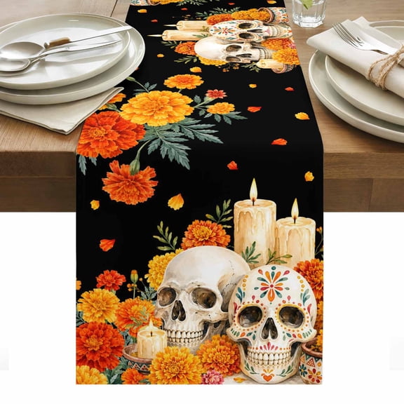 Dia De Los Muertos Table Runner 13x36 Inch Orange Marigold Flower Skull Beige Candle Black Cotton Linen Dining Table Runner Ideal for Dresser Kitchen Coffee Tables - Machine Washable