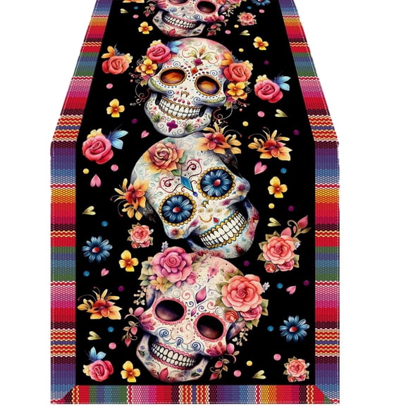 Dia De Los Muertos Table Runner Cinco de Mayo Rustic Linen Mexican Sugar Skull Day of The Dead Altar Decoration for Home Kitchen Dining Room (13" x 47")
