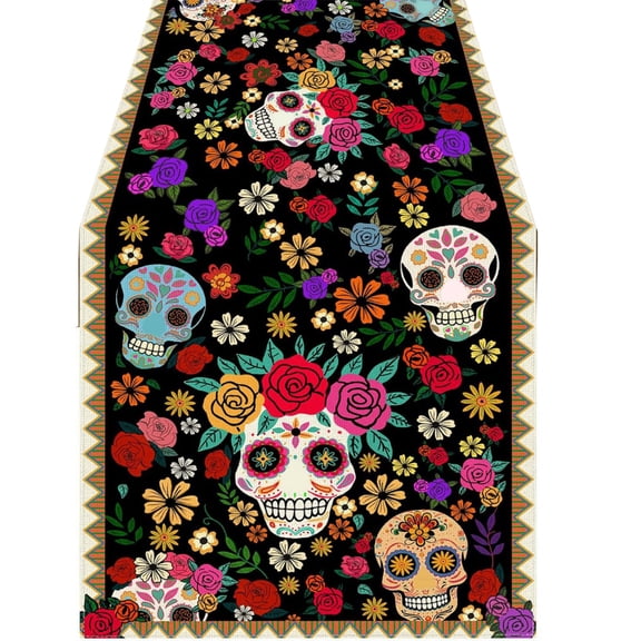 Dia De Los Muertos Table Runner, Cinco de Mayo Rustic Linen Style, Mexican Sugar Skull Print, Classic Day of The Dead Altar Decor for Home Kitchen Dining Room 13" x 72"
