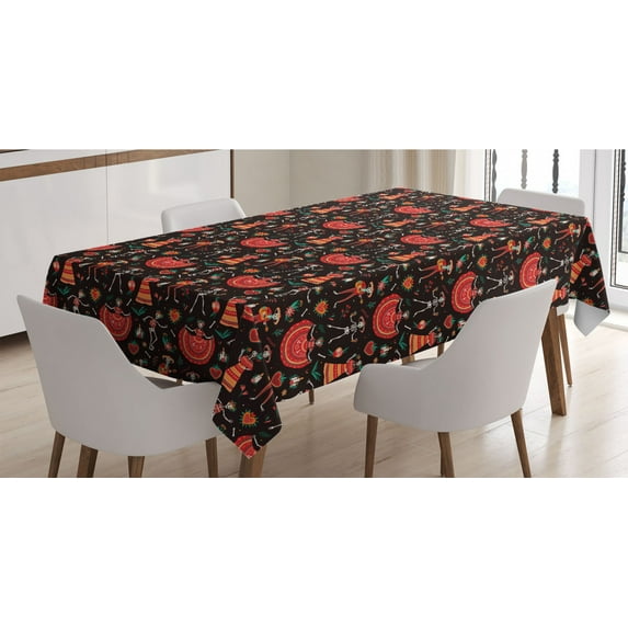 Dia De Los Muertos Tablecloth, Colorful Pattern Mexican Day of the Dead Skeletons, Rectangle Satin Table Cover Accent for Dining Room and Kitchen, 52" X 70", Dark Brown Multicolor, by Ambesonne