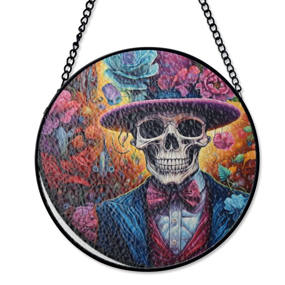 Dia De Los Muertos Tophat Skull Stained Glass Suncatcher Day Of The Dead Festival Decor