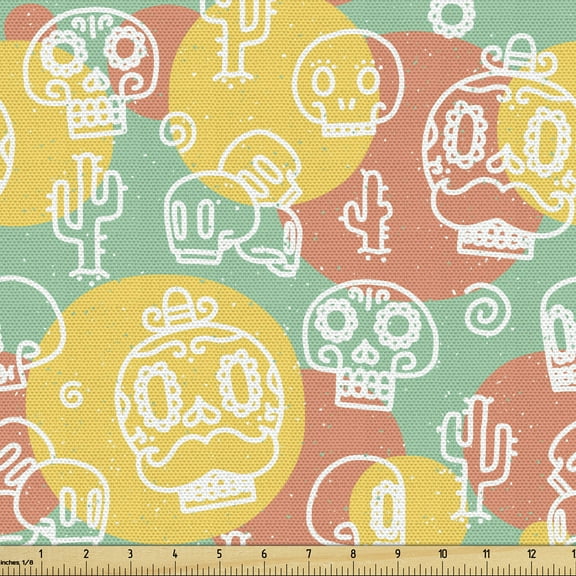 Dia De Los Muertos Upholstery Fabric by the Yard, Outline Calaveras on Grunge Round Pattern Background, Decorative Fabric for DIY and Home Accents, 1 Yard, Sea Green Mustard by Ambesonne