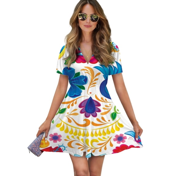 Dia De Los Muertos Women Dress V-Neck Short Sleeve Flowy Swing Party Midi Dress