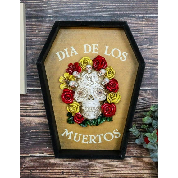 Dia De Muertos Tattoo Skull With Red And Yellow Flowers In Coffin Wall Decor