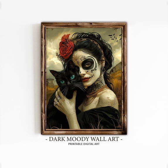 Dia De Muertos Woman With Cat Wall Art Print, Dark Moody, Gothic Sugar ...
