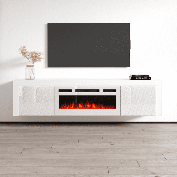 Dia WH-EF Floating Fireplace TV Stand for TVs up to 80", Modern High Gloss 71" Entertainment Center, Wall Mounted Electric Fireplace TV Media Console with Storage Cabinets