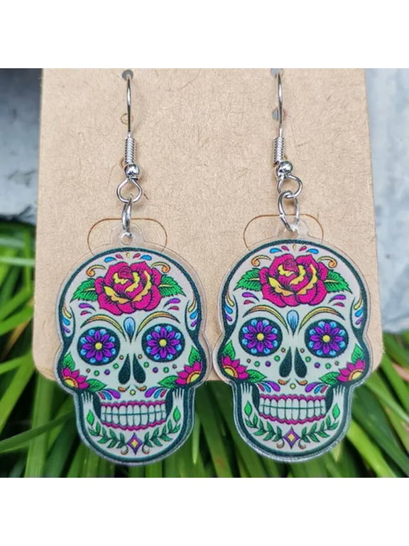 Dia de Los Muertos Acrylic Flower Skull Day of the Dead Halloween Earrings