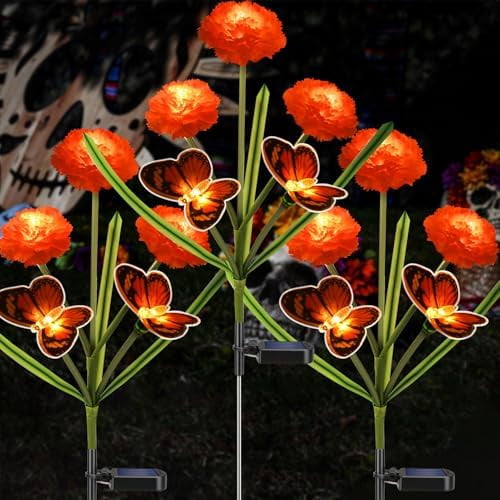 Dia de Los Muertos Decorations Outdoor, Solar Marigold Flower Stake Lights with Monarch Butterflies for Day of The Dead Grave, Cemetery, Yard, Lawn, Garden, Coco Halloween Outside Decor(3 Pack)
