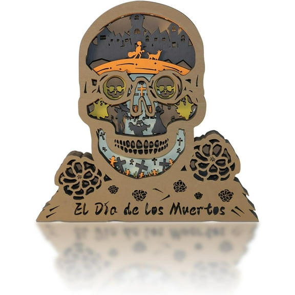 Dia de Los Muertos Wooden Decor with LED Night Lights, Day of The Dead Sugar Skull Decorations, 3D Creative Sculpture Silhouette Ornament, Halloween Decorations for Living Room Bedroom Home Room