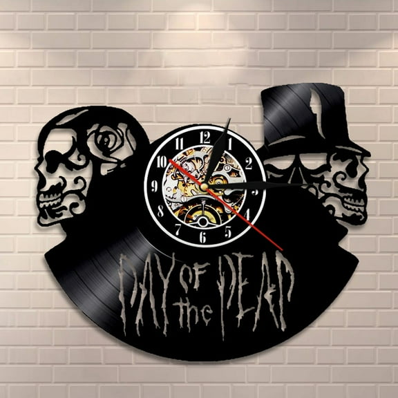 Dia de Muertos Day of the Dead Wall Clock Skulls Wall Art Vinyl Record Clock Halloween Death Skeletons Wall Art Horror Decor