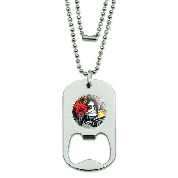Dia de los Muertos Day of the Dead Woman Tattoo Military Dog Tag Bottle Opener Pendant