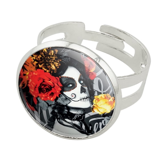 Dia de los Muertos Day of the Dead Woman Tattoo Silver Plated Adjustable Novelty Ring