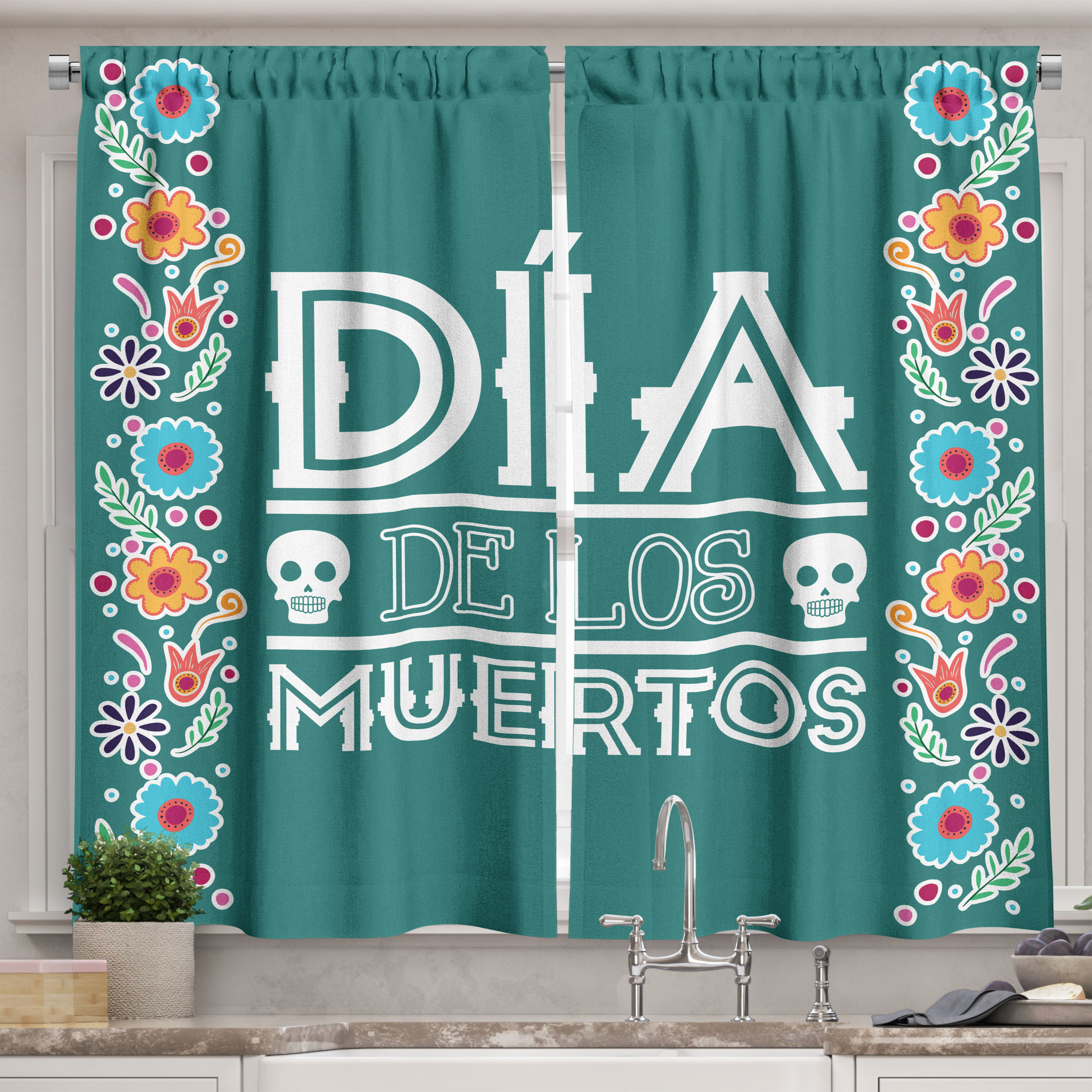 Dia de los Muertos Kitchen Curtains, Skull Shapes and Vertical Flower