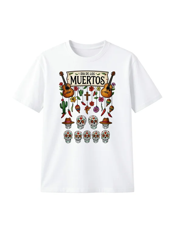 Dia de los Muertos Sugar Skull Graphic T-Shirt, Floral Fiesta Guitar Design