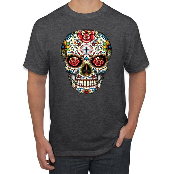 Dia de los Muertos Trippy Drugs Skull Fashion Graphic T-Shirt, Heather Black, Small