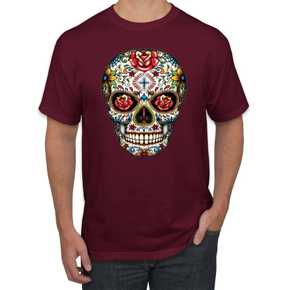 Dia de los Muertos Trippy Drugs Skull Fashion Graphic T-Shirt, Maroon, X-Large