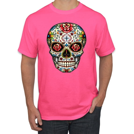 Dia de los Muertos Trippy Drugs Skull Fashion Graphic T-Shirt, Neon Pink, Large