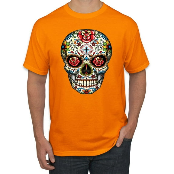 Dia de los Muertos Trippy Drugs Skull Fashion Graphic T-Shirt, Orange, 4XL