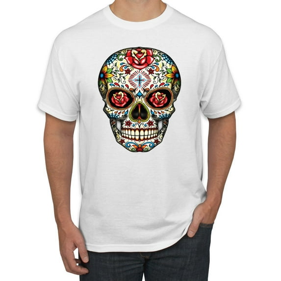 Dia de los Muertos Trippy Drugs Skull Fashion Graphic T-Shirt, White, Large