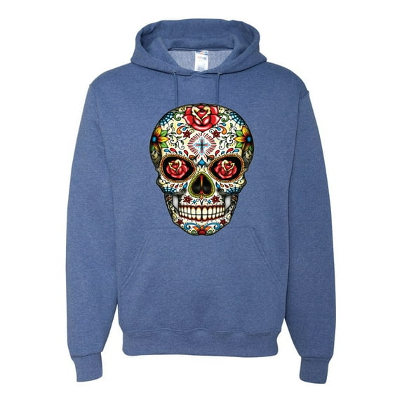 Dia de los Muertos Trippy Psychedelic Drugs Skull Fashion Graphic Hoodie Sweatshirt, Vintage Heather Blue, Small