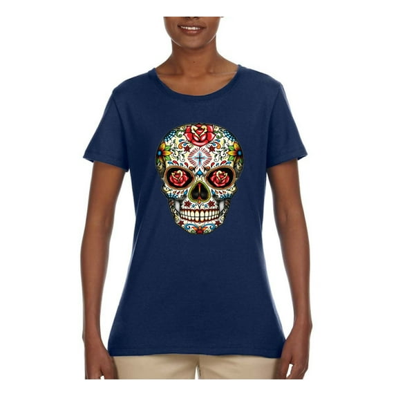 Dia de los Muertos Trippy Psychedelic Drugs Skull Fashion Womens Graphic T-Shirt, Navy, Large