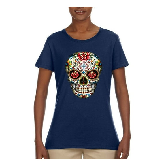 Dia de los Muertos Trippy Psychedelic Drugs Skull Fashion Womens Graphic T-Shirt, Navy, Small